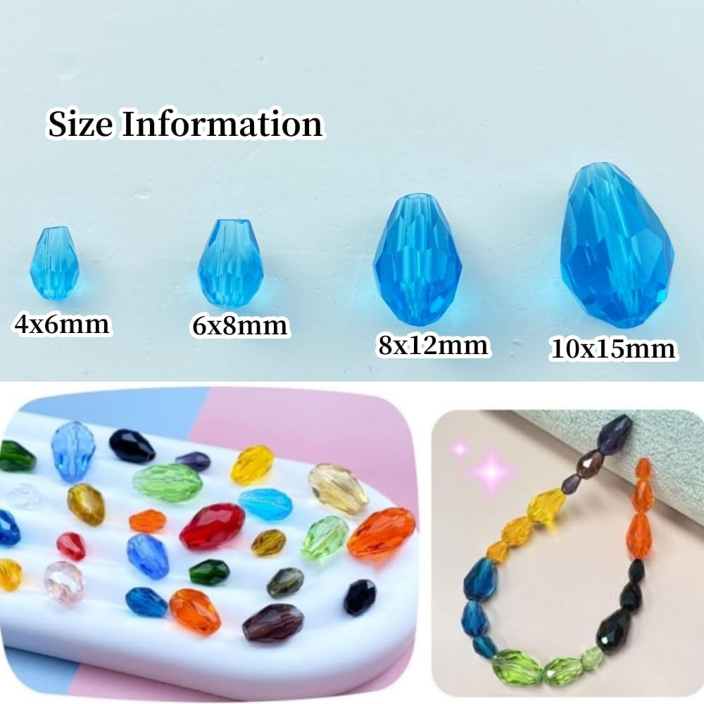 130pcs 6x8mm Teardrop Crystal Glass Beads Vertical Hole Faceted Glass Teardrop Spacer Beads for Bracelets Necklace Earring DIY Jewelry Making Craft(Lake Blue)