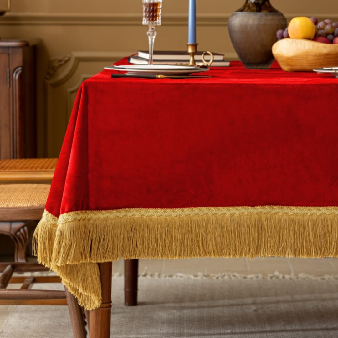 F-CHU Red Tablecloth Thickset Velvet Tablecloth with Beautiful Gold Tassels Vintage Table Cloth for Home Decor Wedding, Party, Banquet and Events 60x120-Inch