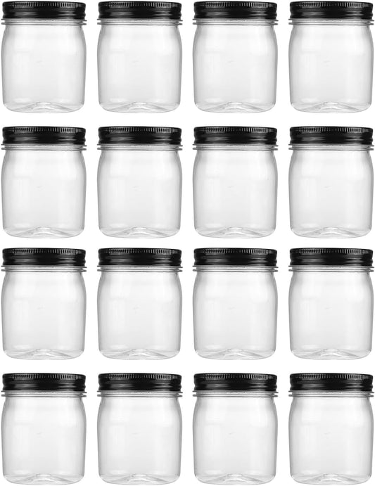 novelinks 8 oz Clear Plastic Jars with Screw-On Lids - BPA-Free Refillable Storage Containers for Slime, Spices, Crafts, Kitchen & Home Organization (16 Pack,Black)