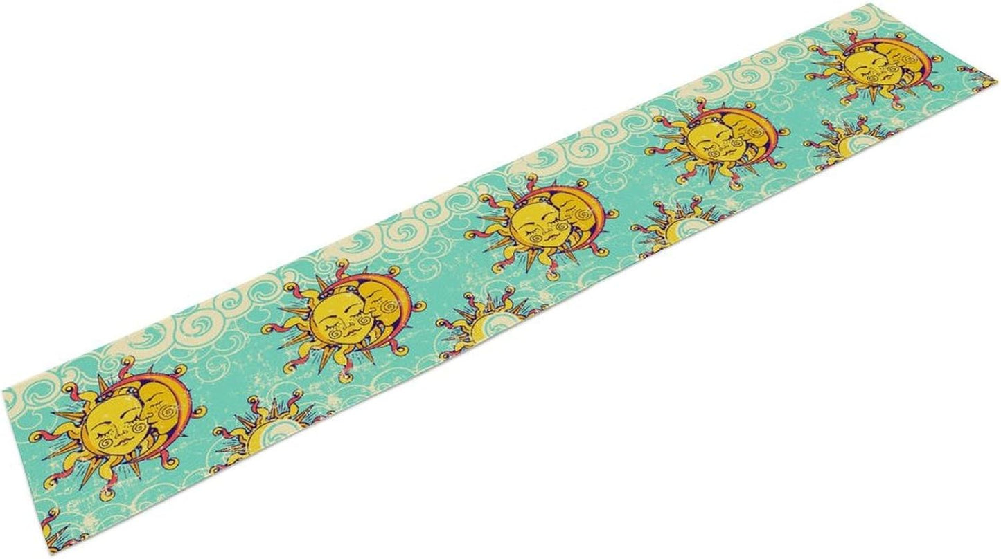 Retro Sun Moon Table Runner, Phase of The Moon Vintage Cloud Table Runner for Kitchen Dinner Living Room Table Runner Yellow Floral, 13x120 Inch Yellow Blue