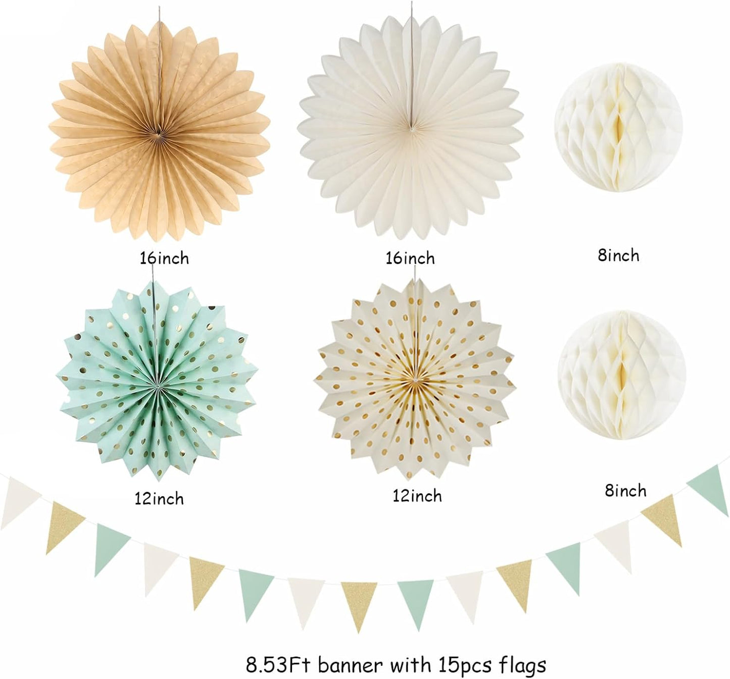 Sage-Green Champagne-Gold Baby Shower Party Decorations - 20pcs Neutral Birthday Paper Lanterns Fans,Boho Wedding Tissue Pom Poms,Honeycomb Streamers Banner,Bridal Graduation Rustic Decor Burgleda