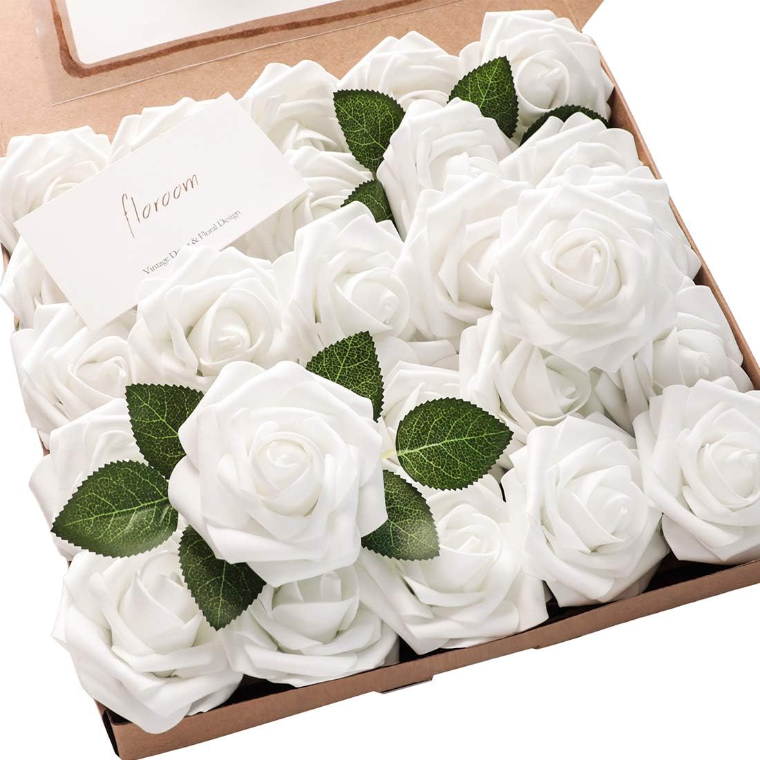 Floroom Artificial Flowers 50pcs Realistic White Foam Fake Roses with Stems for DIY Wedding Bouquets Baby Shower Centerpieces Floral Arrangements Party Tables Home Decorations