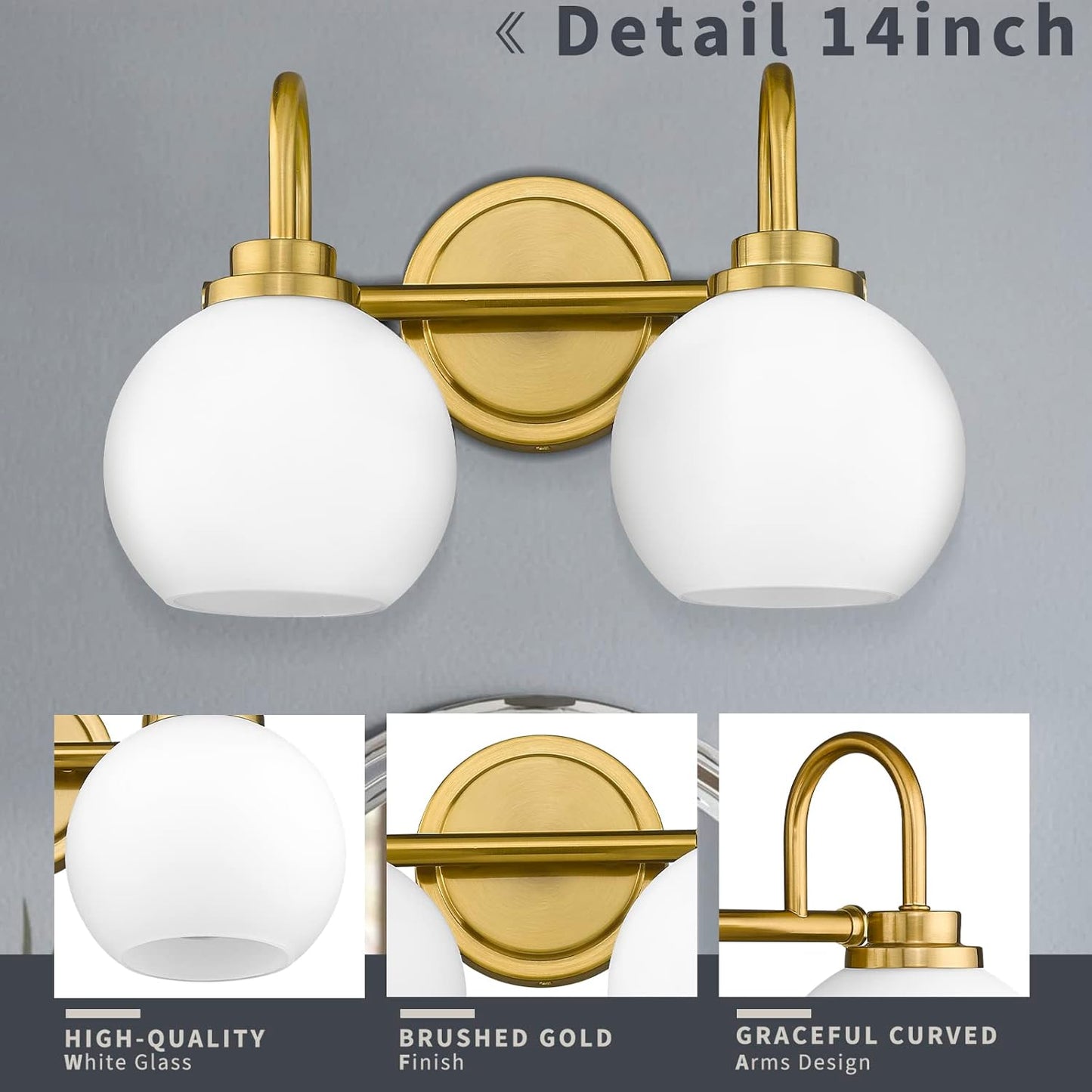 Gold Bathroom Vanity Light Fixtures, 2 Light Modern Over Mirror with White Milk White Globe Glass Shade