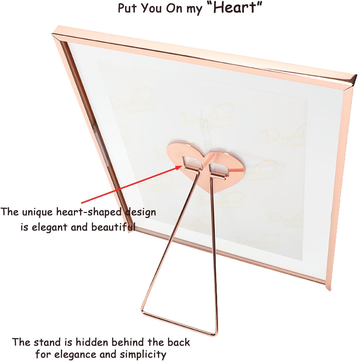 Heart Frame, 8"x10", Rose Gold Floating Frame with Romantic Heart Stand, For Picture 7x9, 6x8, 5x7, Classy For Wedding, Anniversary, Birthday