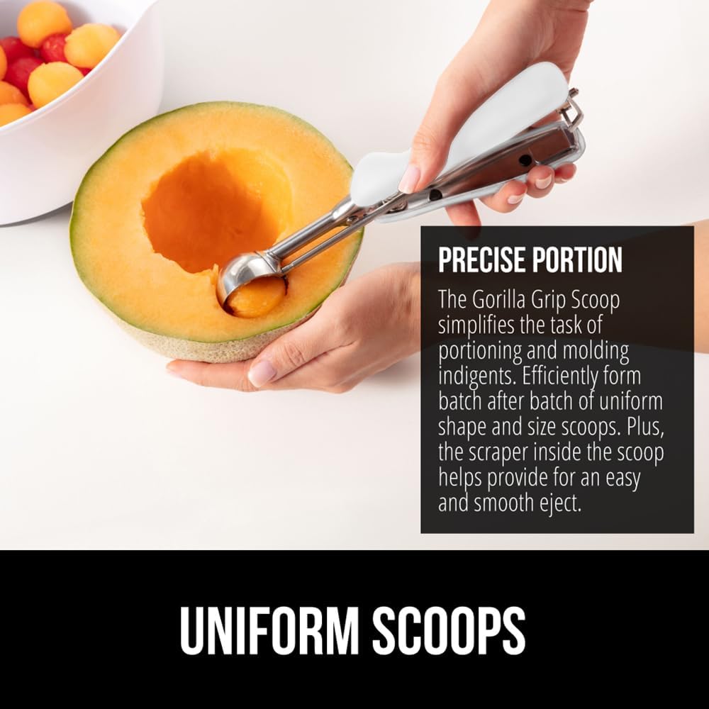 GORILLA GRIP Stainless Steel Multipurpose BPA-Free Spring Scoop, 2 TBSP, Melon Ballers, Cookie Dough Scoops, Perfect Portion Sizes, Easy Squeeze and Clean Release, Scooper Size 40, White