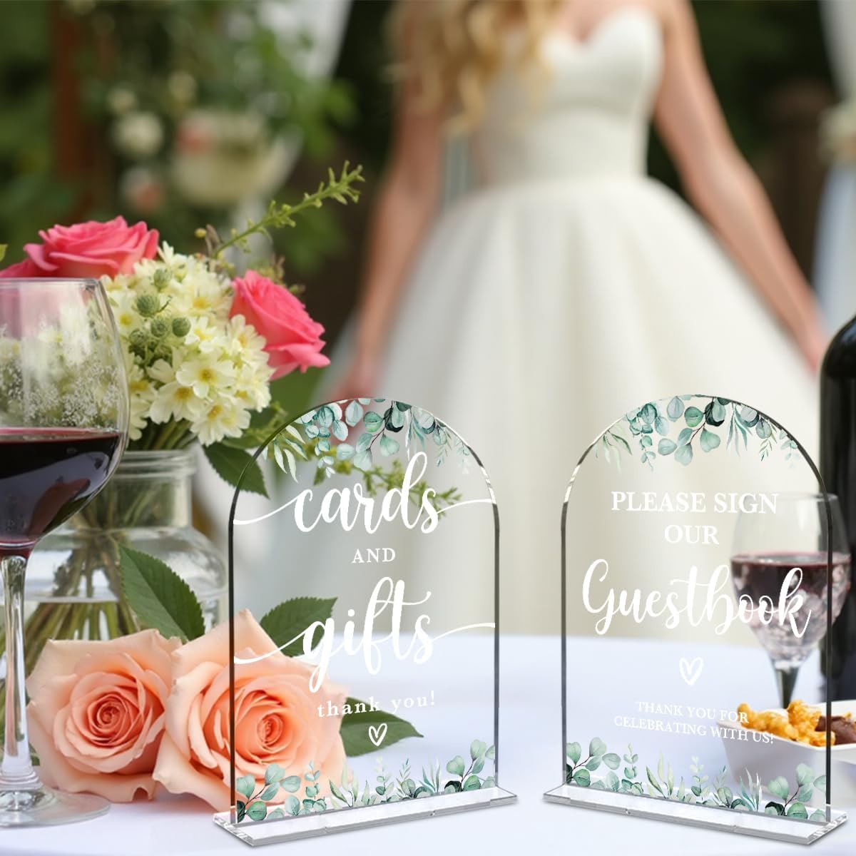 2 Pcs Acrylic Wedding Signs for Reception, Bridal Shower Decorations, Cards and Gifts Signs, Guest Book Sign, Arch Acrylic Table Top Sign with Holder for Wedding Reception (Clear Eucalyptus Leaves)