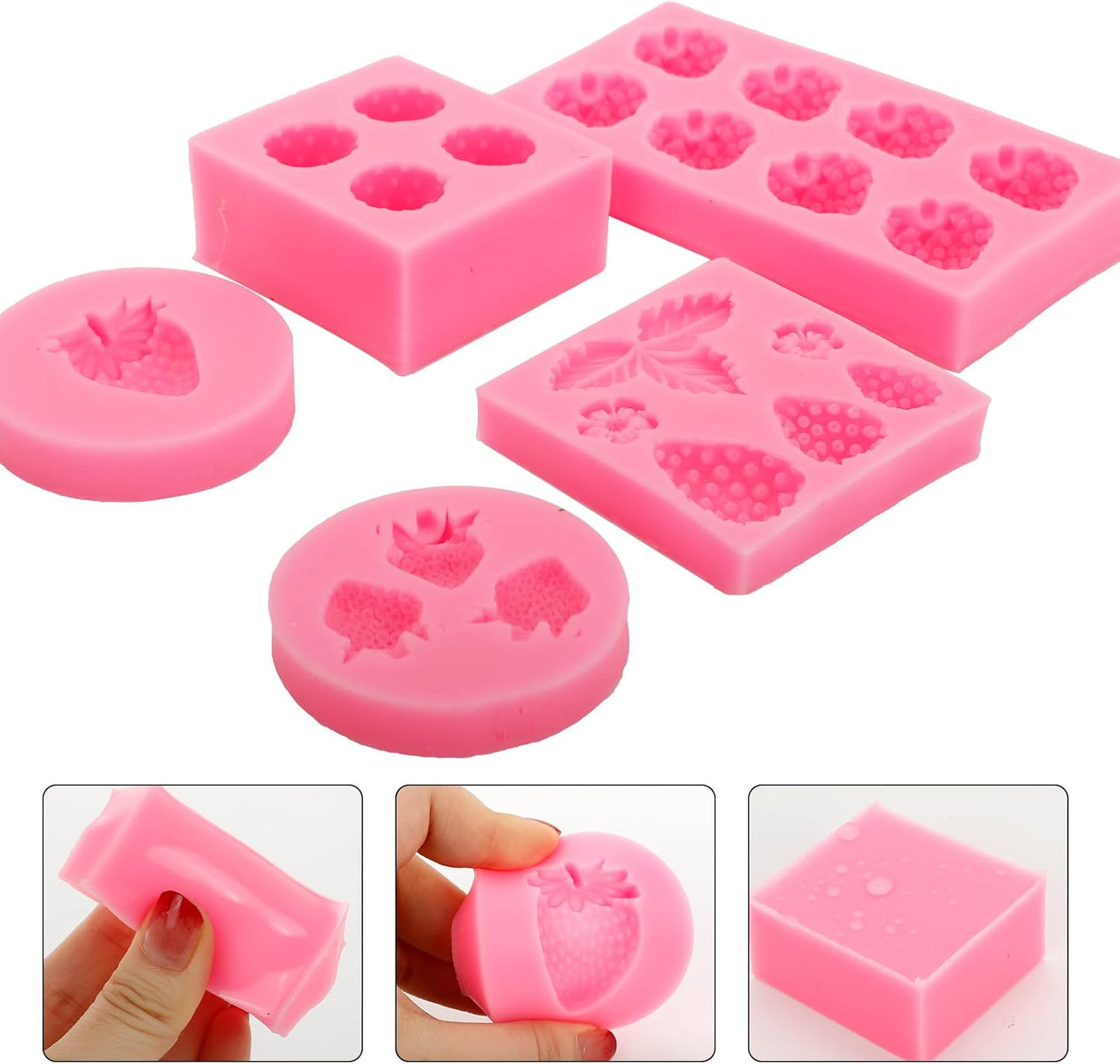 5PCS Strawberry Silicone Molds, 3D Chocolate Fondant Fruit Mold Set for Cake Decoration, Candy, Jelly, Soap, Candle Making (Pink)