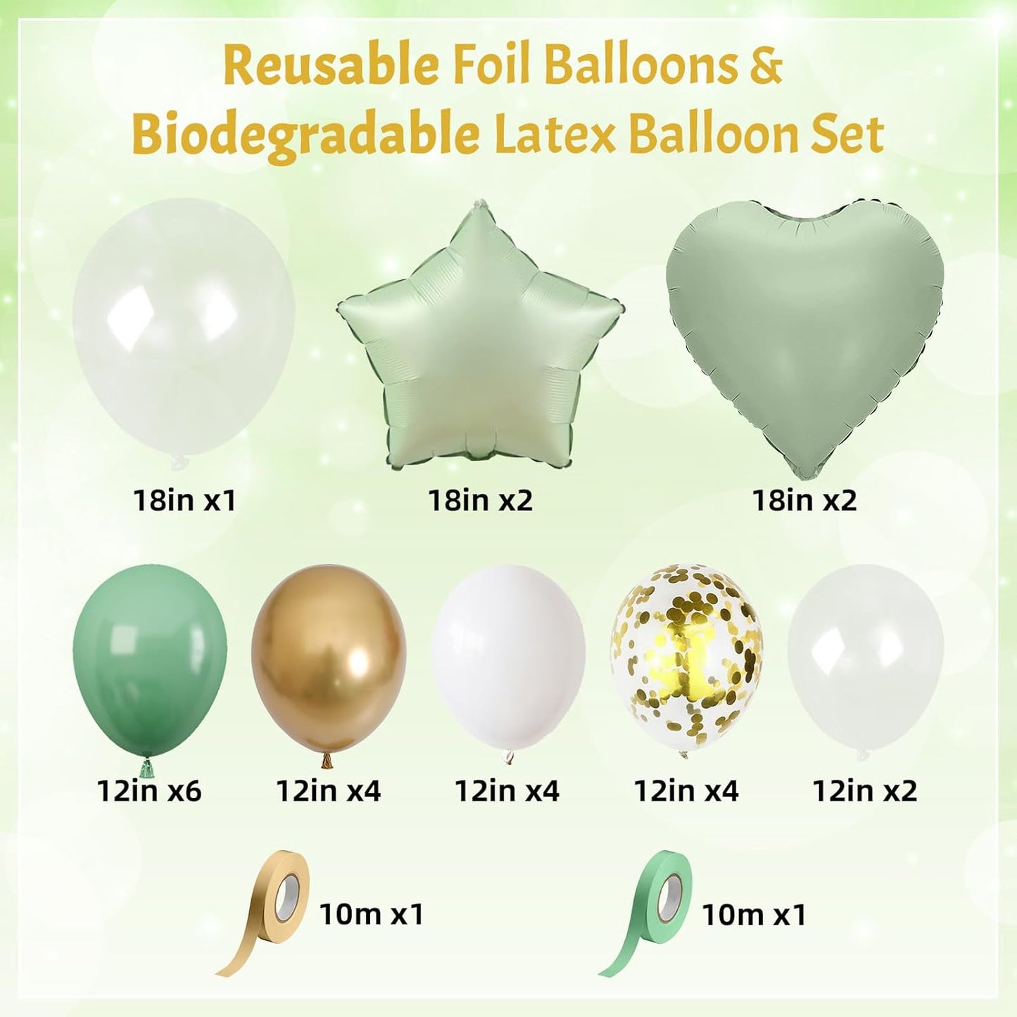 Sage Green and Gold Balloons Heart Star Balloon as Retro Olive Sage Green Baby Shower Decorations, Metallic Gold Confetti Balloons 18 inch Clear Foil Balloon as Anniversary Engagement Party Decor