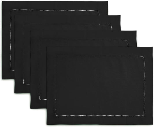Cotton Linen Placemat Set of 4 – Hemstitch Black Cloth Placemat-14 x 19 Inch – Washable Fabric Placemats for Fall, Halloween, Thanksgiving, Everyday Dining & Décor – Serena
