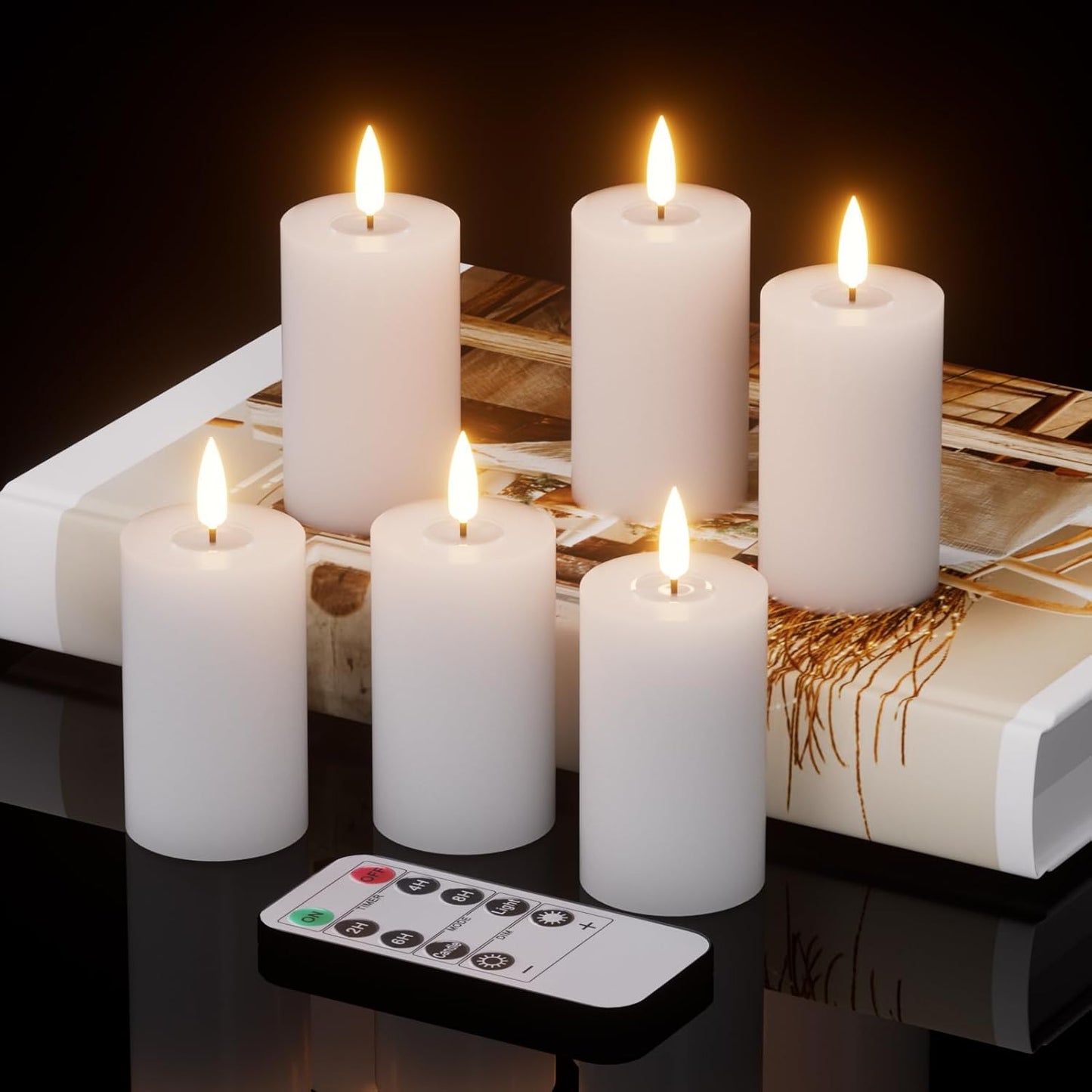 Votive Candles Battery Operated, 6 PCS Real Wax White LED Votive Flemeless Candles with Remote Timer and Flickering 3D Flame, Pillar Candle for Home Wedding Party Decor(1.9” x 4.5”)