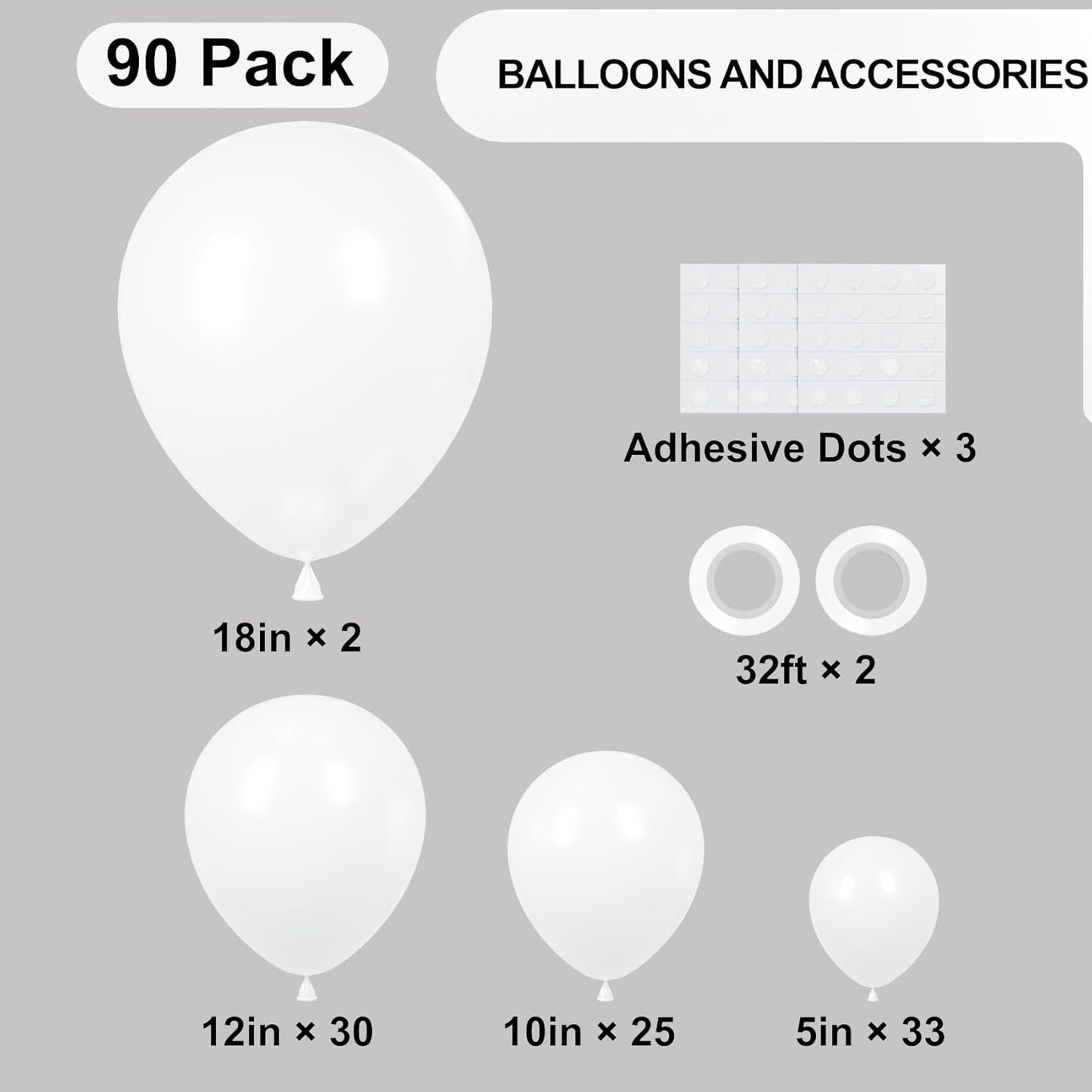 90pack White Balloons Different Size 18/12/10/5 Inch Pearl White Balloon Garland Arch Kit for Wedding, Birthday, Graduation, Bridal Shower, Baby Shower, Bachelorette Decorations