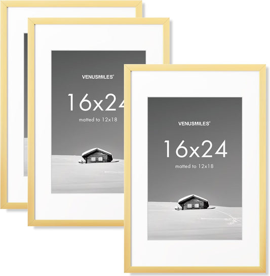 16x24 inch Picture Frame, 16x24 Photo Frames with 12x18 Removable Mat - High Definition Plexiglass - Vertical and Horizontal Display - Wall Hanging Poster Frame - Gold, 3 Pack