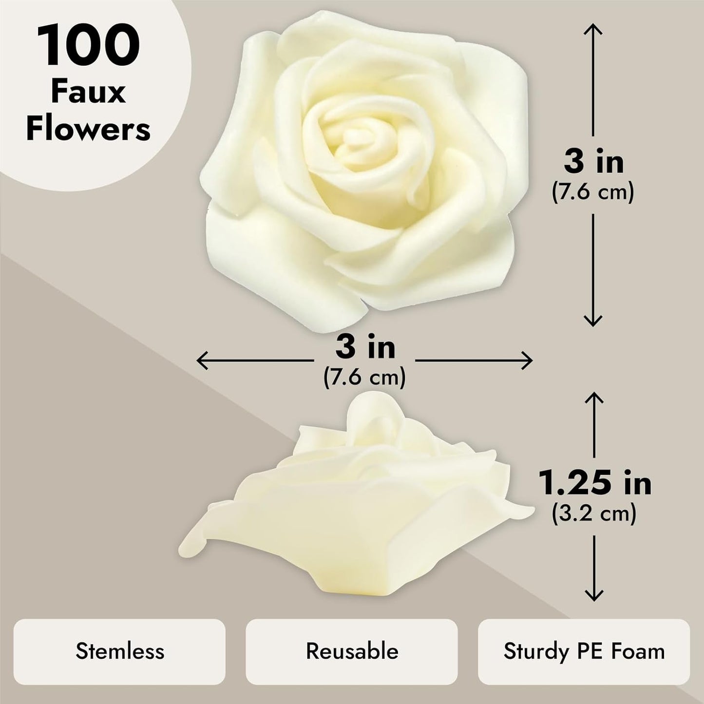 Juvale Centerpiece Table Decorations Ivory Artificial Roses - 100-Pack 3-Inch Foam Heads - Fake Flowers in Vase & Flower Decor - Wedding Table Decor & DIY Crafts