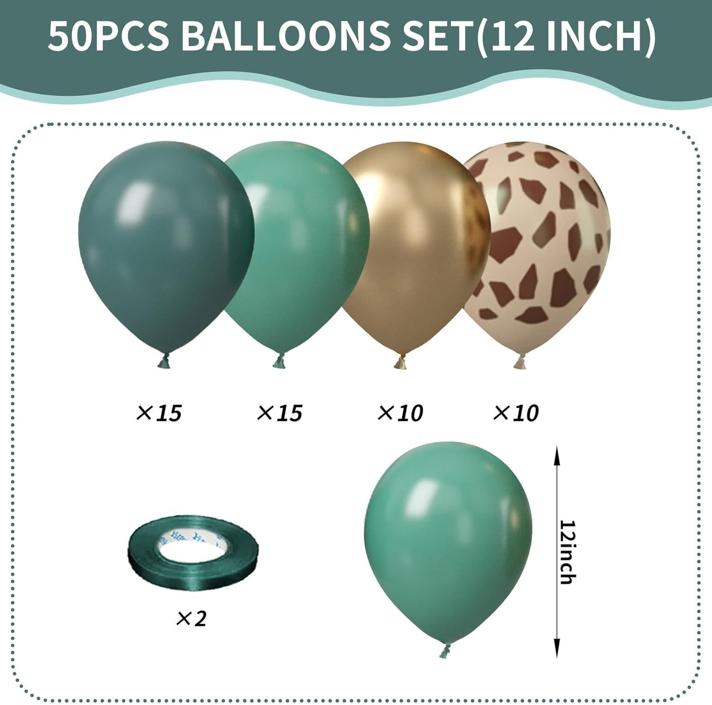 Green Giraffe Balloons, 50Pcs 12 Inches Dark Olive Green Metallic Gold Animal Print Giraffe Balloons for Boys Baby Shower Forest Woodland Birthday Wild Party Decorations