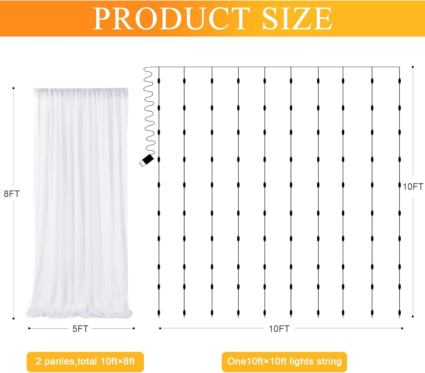 Tulle Backdrop Curtains with Lights String White 10FT X 8FT Sheer Curtain with Lights Tulle Curtains Backdrop for Wedding Birthday Party Baby Shower Photo Shoot (2 Panels 5x8FT)