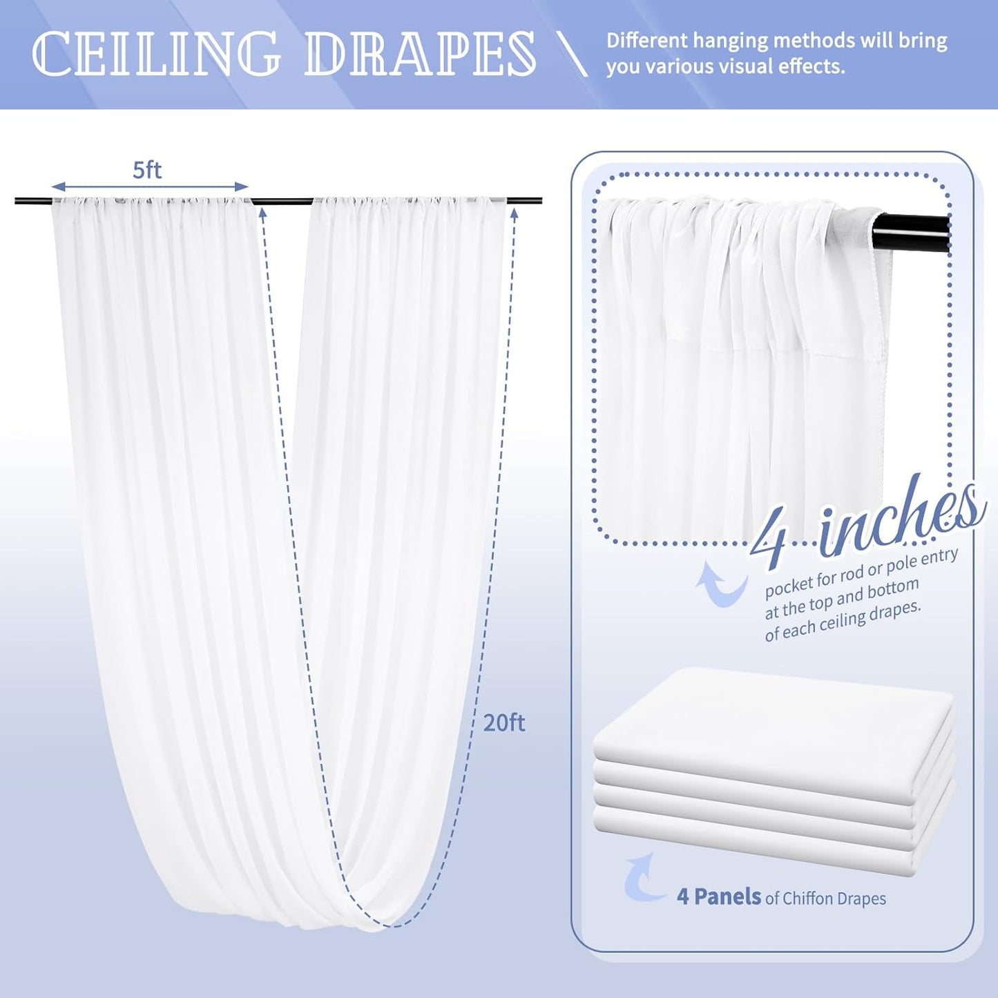 4 Panels White Ceiling Drapes for Wedding 5ftx20ft Chiffon Fabric Arch Draping Curtains for Party Ceremony Birthday Baby Shower Reception Stage Ceiling Decorations