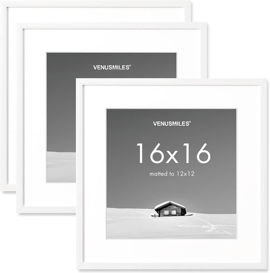 16x16 inch Picture Frame, 16x16 Photo Frames with 12x12 Removable Mat - High Definition Plexiglass - Vertical and Horizontal Display - Wall Hanging Frame - White, 3 Pack