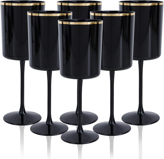 Ciaell 12 Pack 10 OZ Black Plastic Wine Glasses with Stem - Black and Gold Disposable Wine Glasses Perfect for Parties & Weddings & Toasting & Outdoors & Camping & Halloween