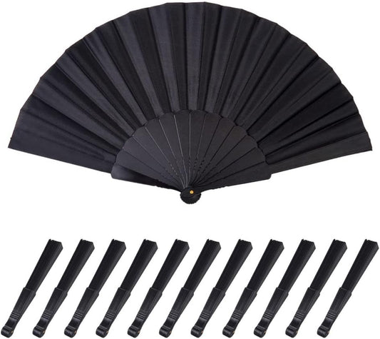 HUNANBANG 1 Dozen 12 Pieces Folding Hand Fans Church Wedding Gift, Party Favors, DIY Decoration Gift Size9 Wholesale 12pack (Black)