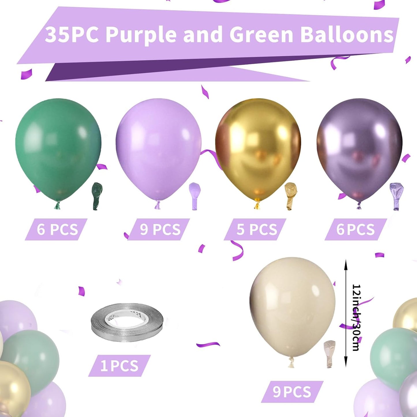 Purple and Sage Green Balloons, Purple Lavender Sage Balloon Cream White Gold Balloons, Light Metallic Purple Gold Balloon for Boho Birthday Wedding Graduation Party Baby Shower Decoration