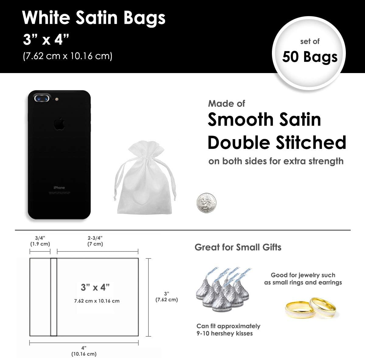 3" x 4" White Satin Gift Bags, Jewelry Bags, Wedding Favor Silky Drawstring Baby Shower Christmas 50 per Pack