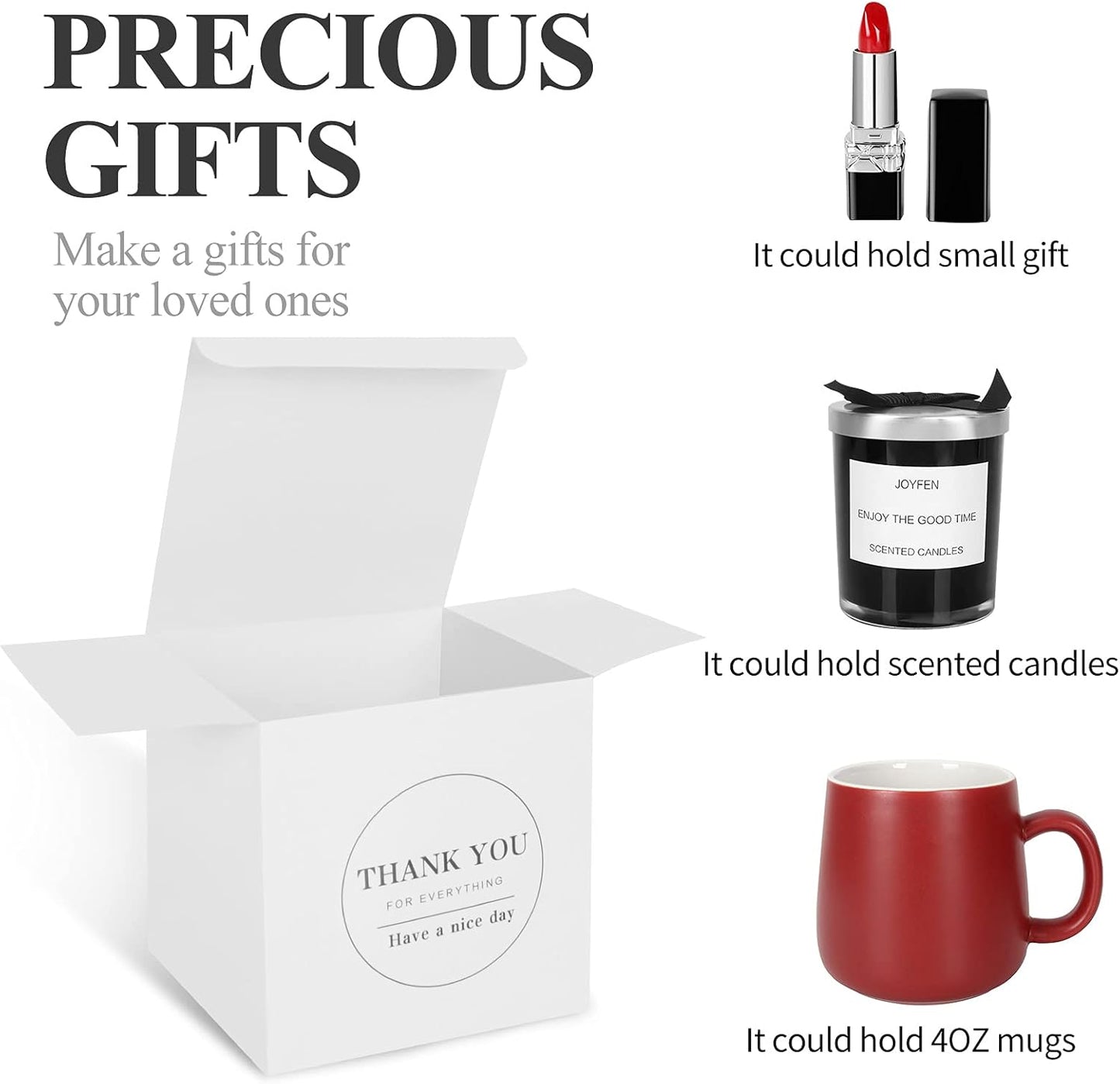 COTOPHER Small Gift Boxes 60 Pack 4x4x4 inches White Gift Boxes with Lids for Gifts, Crafting, Wedding Party Favor, Cupcake Boxes, Candy, Bridesmaids Proposal Box with Ribbons and Stickers (White, 60)