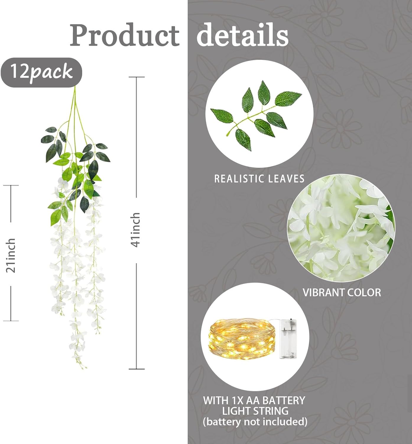 12 Pack White Wisteria Hanging Flowers Garland with Lights, 3.44 Feet Artificial Flower Vines, Fake Wisteria, Artificial Vines Hanging Garland for Backdrop Outdoor Patio Garden Decor