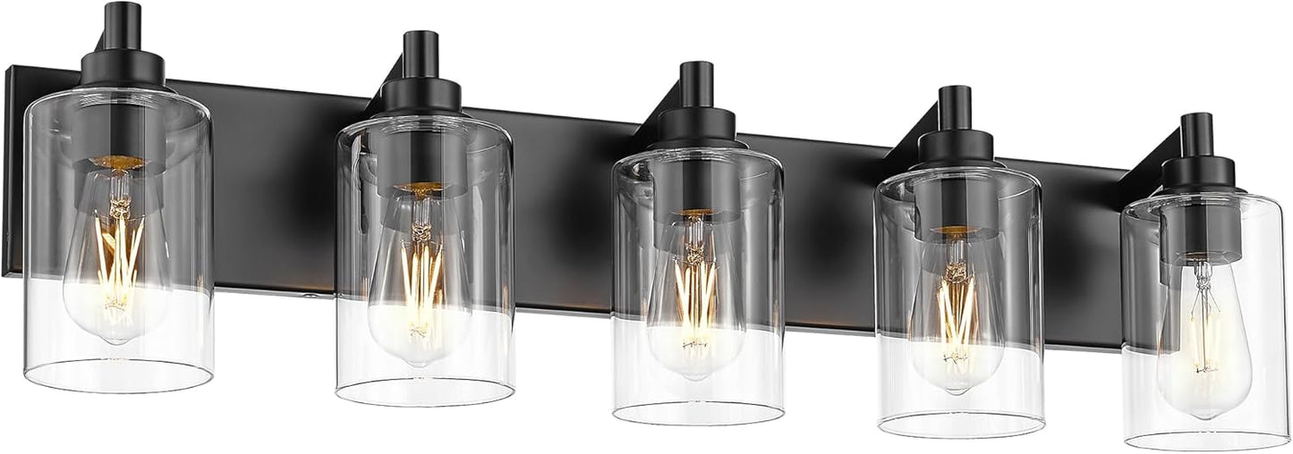 5-Light Bathroom Light Fixtures, 30 Inch Black Vanity Light with Cylinder Clear Glass Shade, Modern Vanity Lighting Fixtures Over Mirror, VL143-MB-5