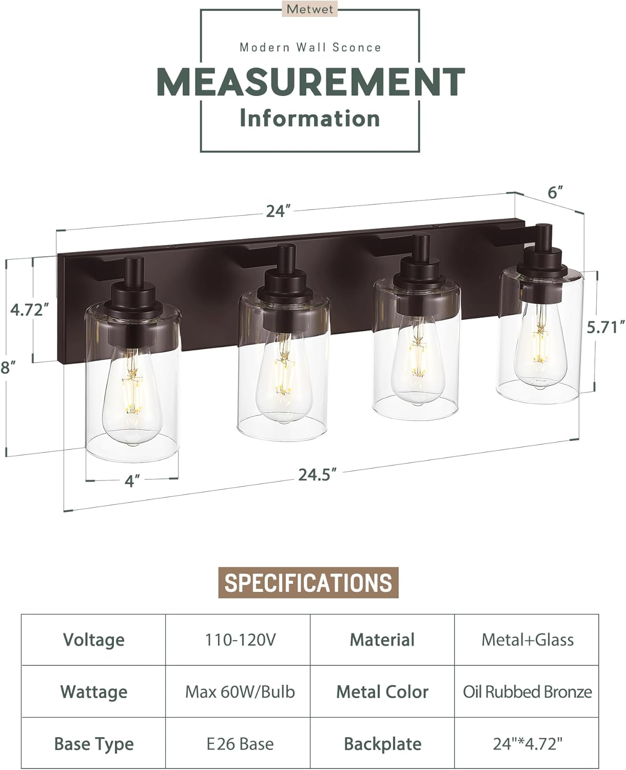 4-Light Bathroom Light Fixtures, 24.5 Inch Oil Rubbed Bronze Vanity Lights with Cylinder Clear Glass Shade, Modern Vanity Lighting Fixtures Over Mirror, VL143-ORB-4