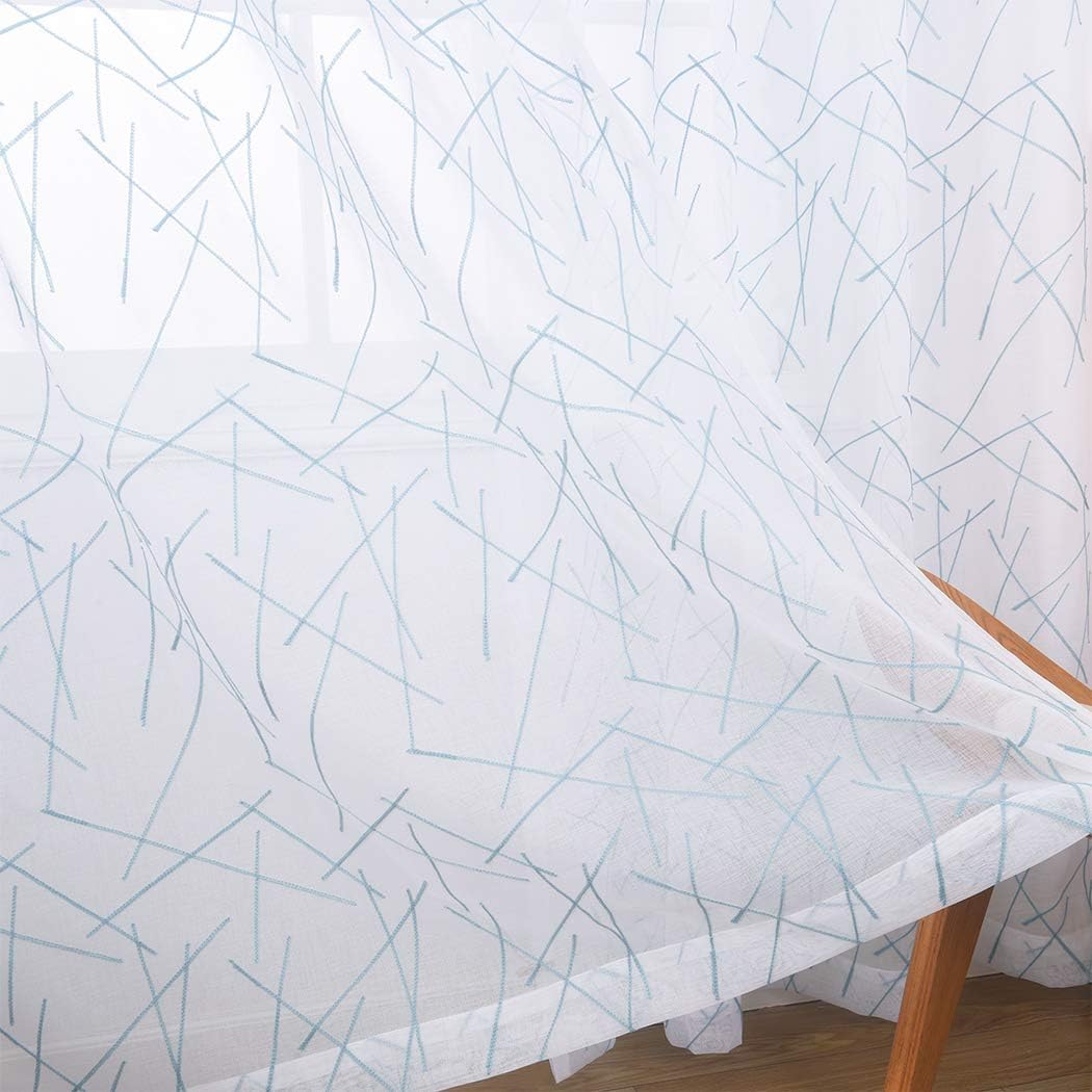 Blue Sheer Curtains 63 Inches, Rod Pocket Voile Drapes for Living room, Bedroom, Modern Embroidery Window Treatments Semi Faux Linen Curtain Panels for Yard, Patio, Parlor, Set of 2, 52"x 63".