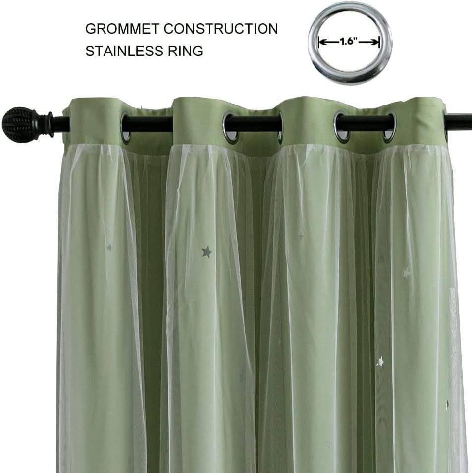 FANLI 2 Panels Star Blackout Curtains for Kid Girls Bedroom Living Room Darking Stripe Double Layer Star Cut Out Wall Home Decor Gradient Grommet Window Curtains (Green 63L)