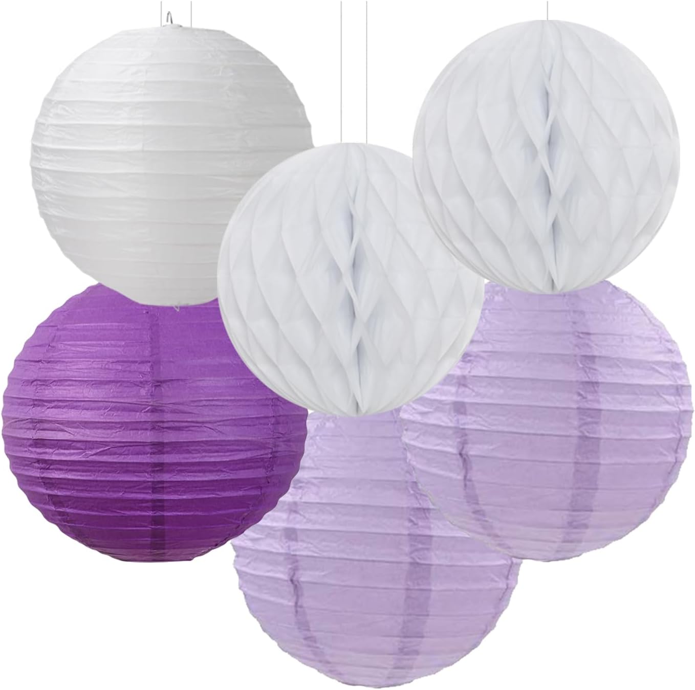 Purple-White Lavender Party Decorations Streamers - 14pcs Women Girl Birthday Paper Lanterns Fan,Tissue Pom Poms,Baby Bridal Shower Wedding Engagement Bachelorette Graduation Decor Lasting Surprise