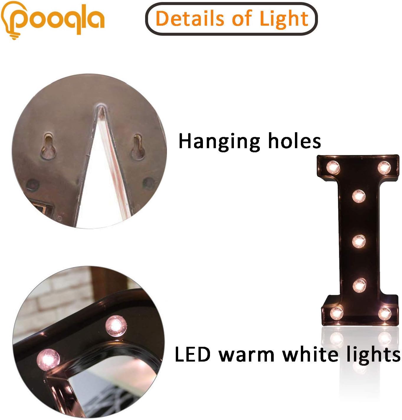 Pooqla Decorative LEDs Illuminated Letter Marquee Sign - Alphabet Marquee Letters with Lights for Wedding Birthday Party Christmas Night Lights Lamp Home Bar Decoration I, Black