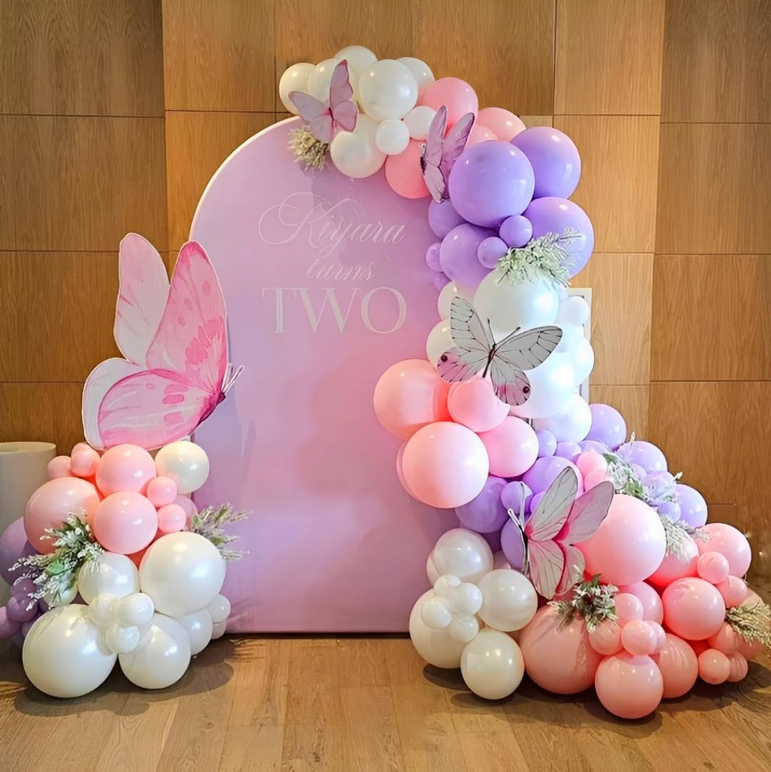 Pink and Purple Balloons Kit, 50PCS 12 Inch Purple Pink White Latex Balloon Birthday Balloons with Pink Purple Balloon Ribbons for Birthday Party Decorations