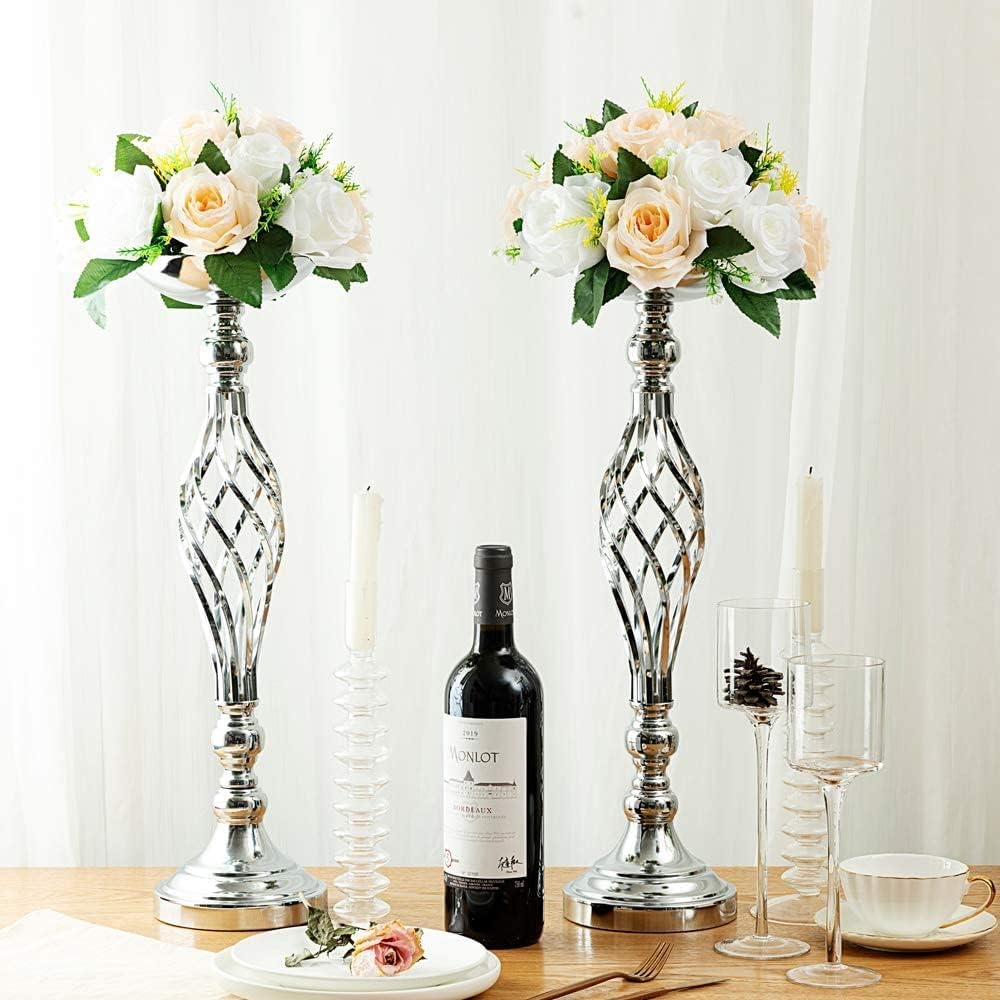 LANLONG 10pcs Metal Silver Candle Holders Road Lead Table Centerpiece Stand Pillar Candlestick for Wedding Candelabra Flowers Vases