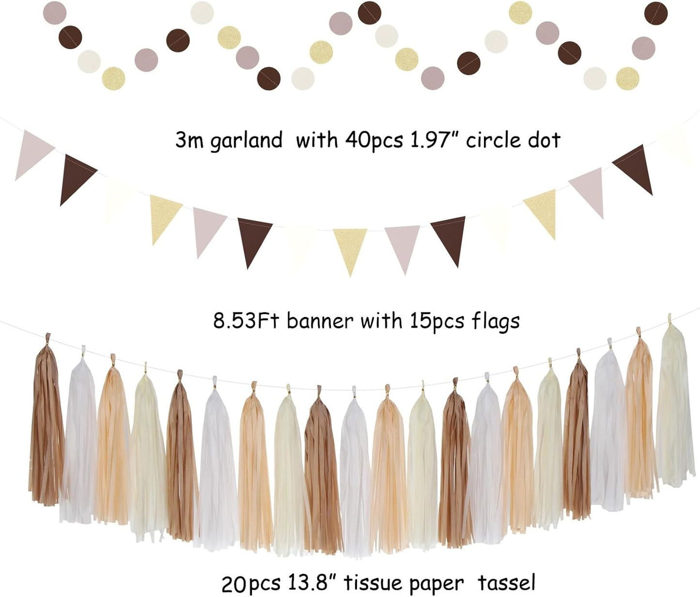 Boho Baby-Shower White-Brown Champagne Fall Party-Decorations - 33pcs Banner,Streamers Tassel Garland,Tissue Pom Poms Honeycomb,Paper Lantern Fan,Autumn,Bridal,Christmas,Birthday,Wedding Decor Hugtmr