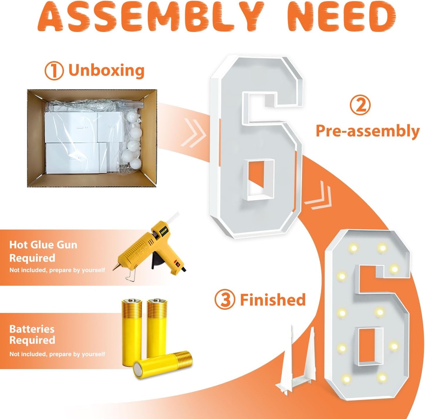 4 feet Marquee Numbers, Light Up Numbers 6 for 6th 16th 60th Birthday Decorations, Big Number for Party Decorations, Large Cardboard Number for Anniversary Decor