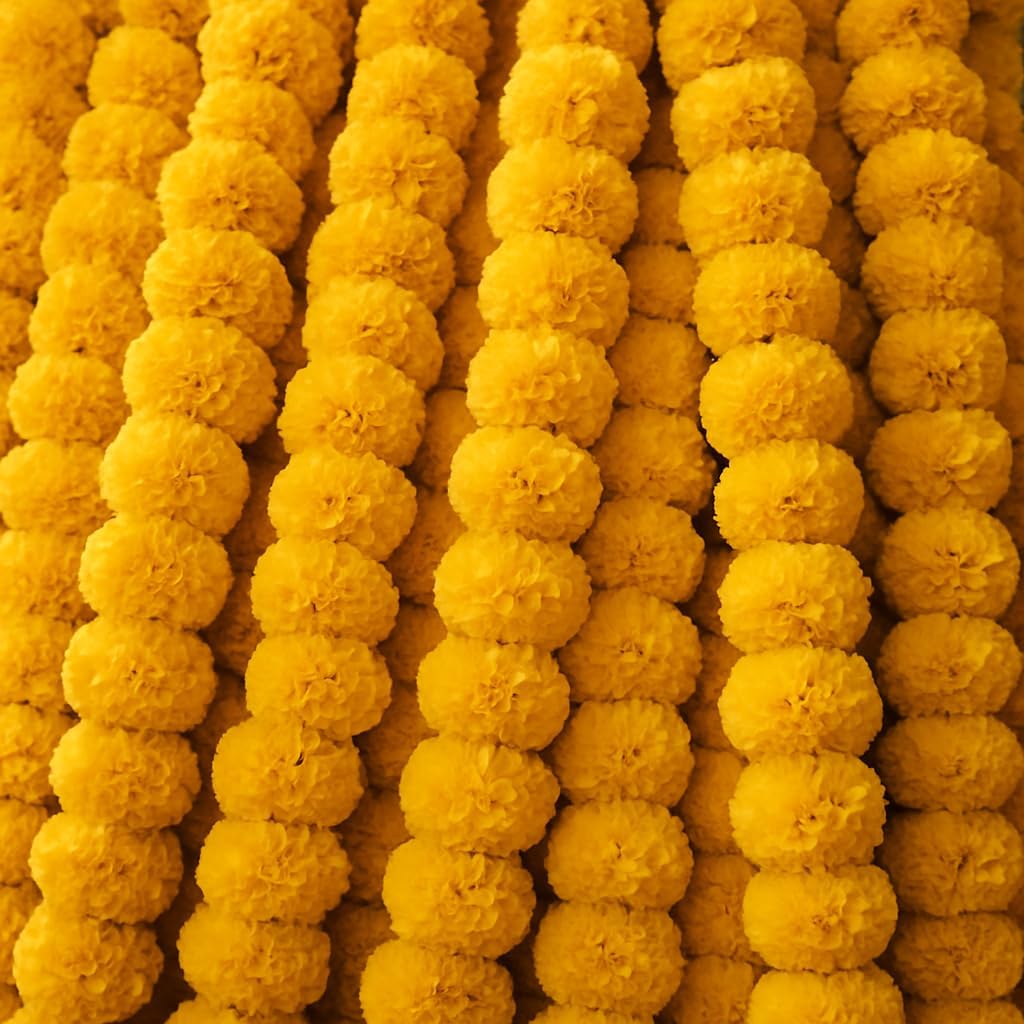 Artificial Marigold Flowers Garland for Diwali Decoration, American Wedding Party, Mantle Decoration, Faux Garlands, Wedding Garland, Spring Bush Floral - 5 String - (Yellow | 4 to 4.5 ft) Hashcart®