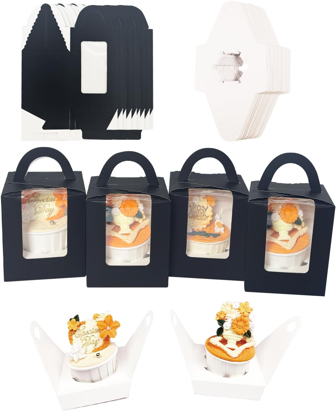 Bakepacker Auto-pop up Individual Cupcake Boxes with Window 25 Count Black Single Cupcakes Box 3.6 x 3.6 x 4.3inch Cupcake Carrier