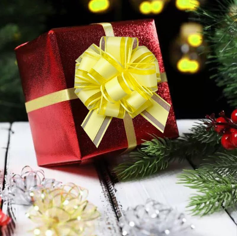 6 Pieces Large Pull Bows, 6 inches, Floral, Yellow, Organza, Wedding, Baby Shower, Bridal Shower, DECORATIVE RIBBON TRIM, 6 Count