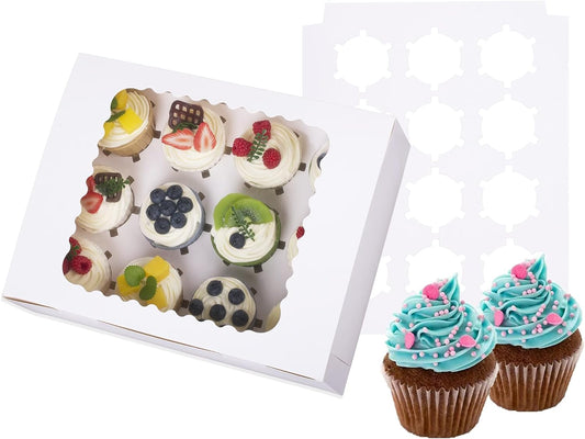 12-Set Cupcake Boxes Hold 12 Standard Cupcakes, Food Grade Cupcake Holders Bakery Carrier Boxes with Windows and Inserts for Cupcakes, Muffins and Pastries (White-12 Pack)