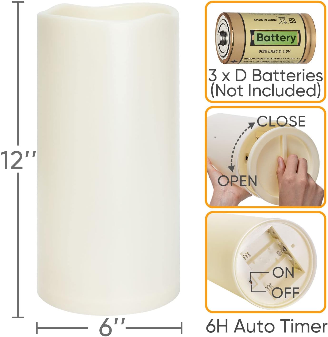 Homemory 6" x 12" Extra Large Outdoor Waterproof Candle with Auto 6-Hour Timer, Ivory Plastic Made, Long Last for Half A Year, Set of 2