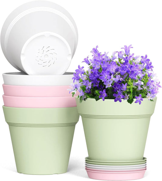 7 Inch Thick Plastic Plant Pots with Drainage Holes and Trays – 6 Pack Nursery Pots for Indoor & Outdoor House Plants, Seedling Starter Planters for Garden Flowers, Colorful