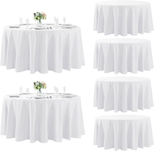 Fokitut 6 Pack Round Tablecloth, 120 Inch, Stain Resistant and Wrinkle Polyester Table Cloth, Fabric Table Cover for Kitchen Dining, Wedding, Party, Holiday Dinner-White