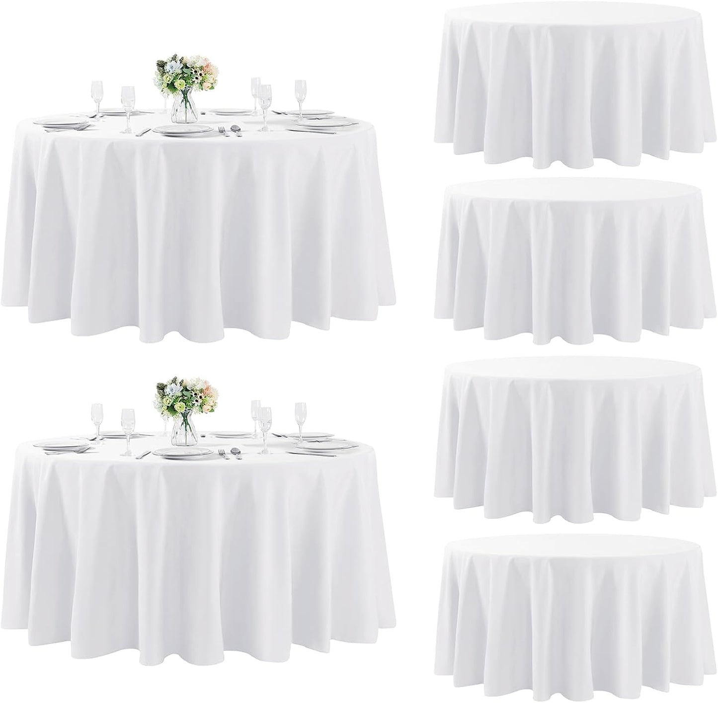 Fokitut 6 Pack Round Tablecloth, 108 Inch, Stain Resistant and Wrinkle Polyester Table Cloth, Fabric Table Cover for Kitchen Dining, Wedding, Party, Holiday Dinner-White