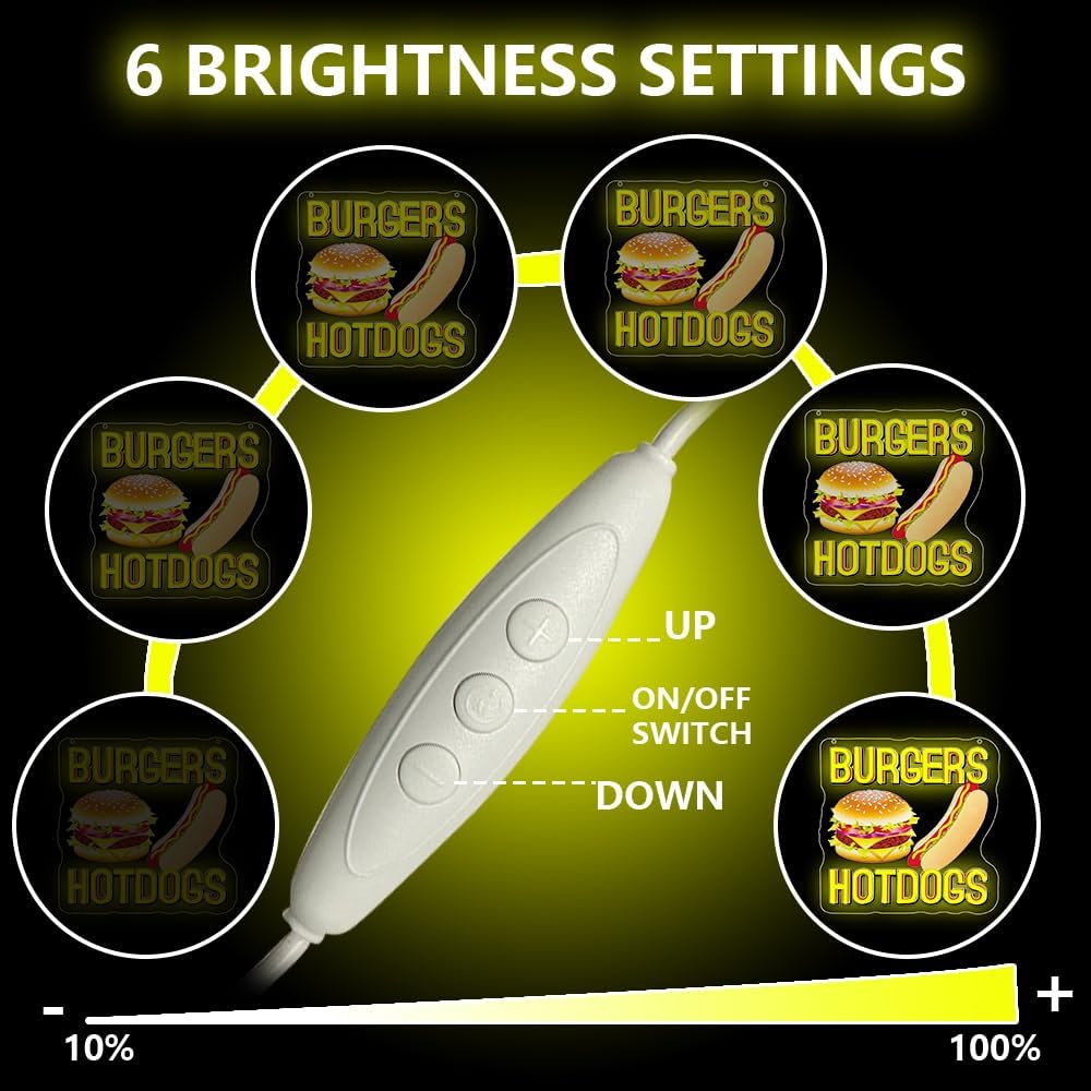 Hot Dogs Burgers Neon Signs for Wall Decor,Hot Dogs Led Neon Sign Party Decorations,Dimmable Hamburger Led Lights Sign for Business Food Restaurant Bar Birthday Party Decor,Hot Dog Shop Decor