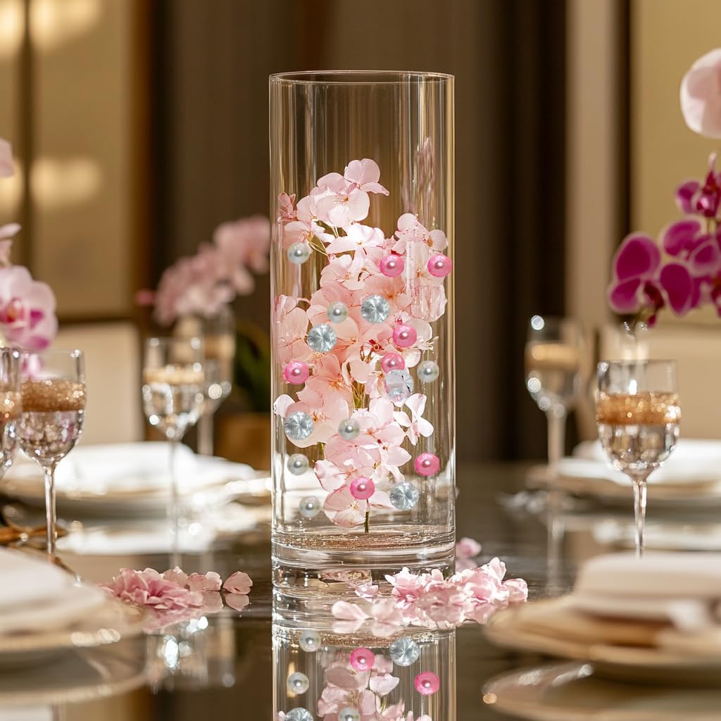 HappyFiller 1075 PCS Floating Pearl Beads,Gems for Centerpiece,Vase Filler Fink Faux Pearls Fake Crystal Diamonds,Table Candles Party Wedding Decoration 14 OZ