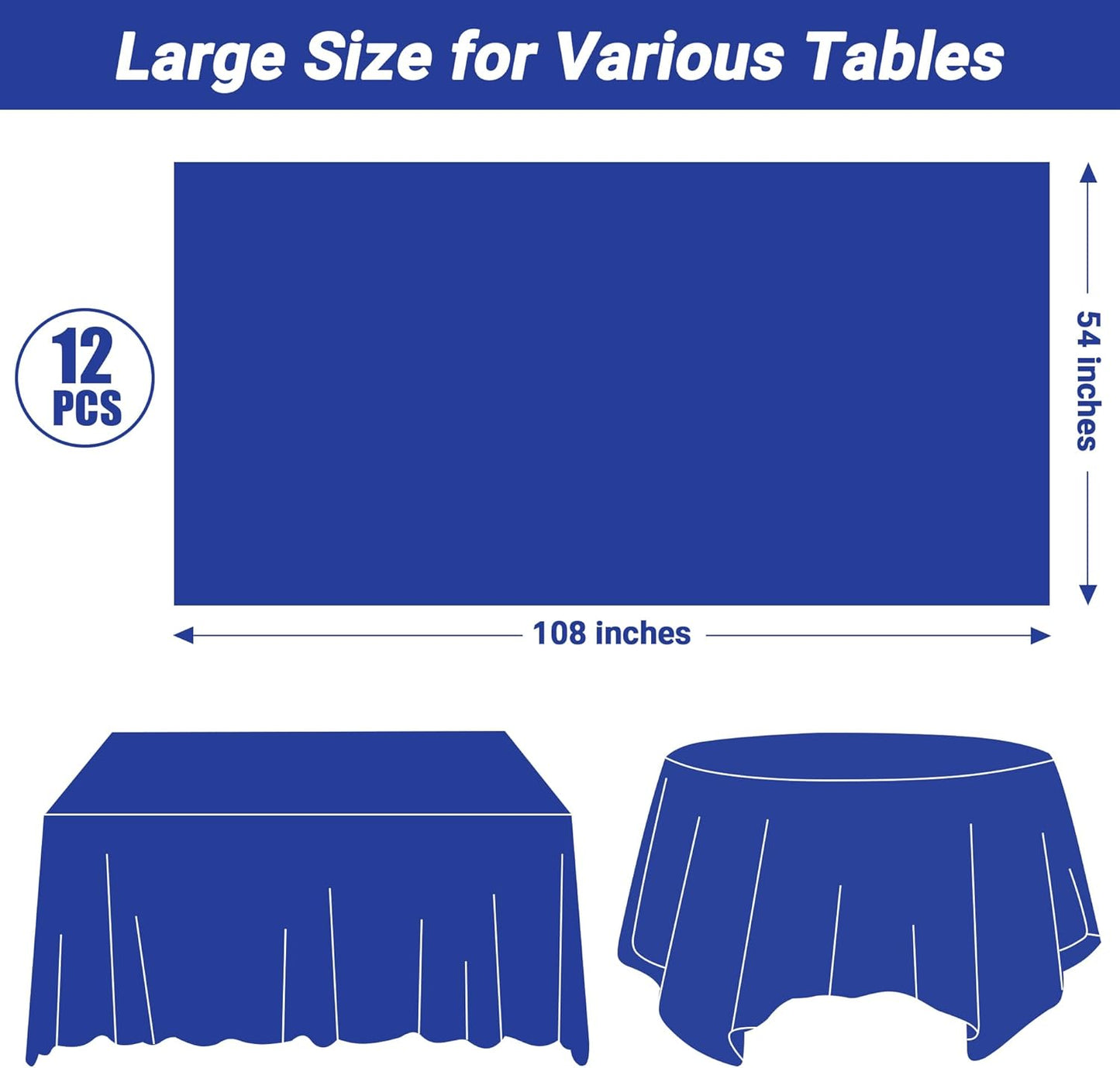 12 PCS Waterproof Plastic Table Cloth, Blue Rectangle Disposable Table Cover, Table Cloth Rectangle Table, 54 X 108 IN Wrinkle-Resistant Smooth Tablecloth for Parties Weddings Picnics Decorations
