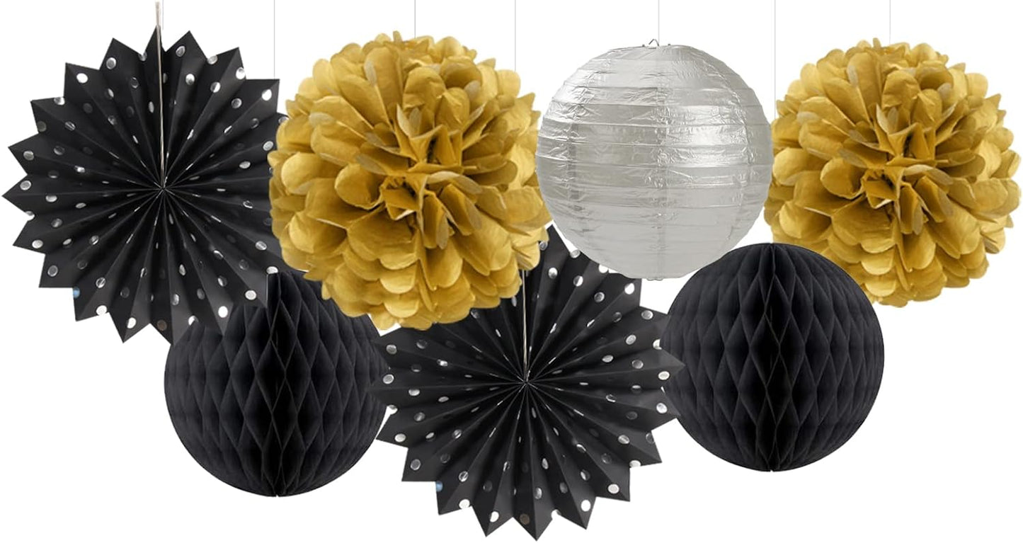 Black Gold Silver Party-Decorations Streamers-Lanterns - 14pcs Graduation 2025 Paper Fan,Tissue Flower Pom Poms Streamers,Honeycomb Balls,Men Birthday Wedding Baby Bridal Shower Decor Ouruola