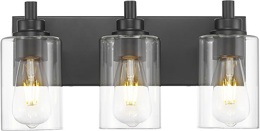 3-Light Bathroom Light Fixtures, Black Vanity Light with Cylinder Clear Glass Shade, Modern Vanity Lighting Fixtures Over Mirror, VL143-MB-3